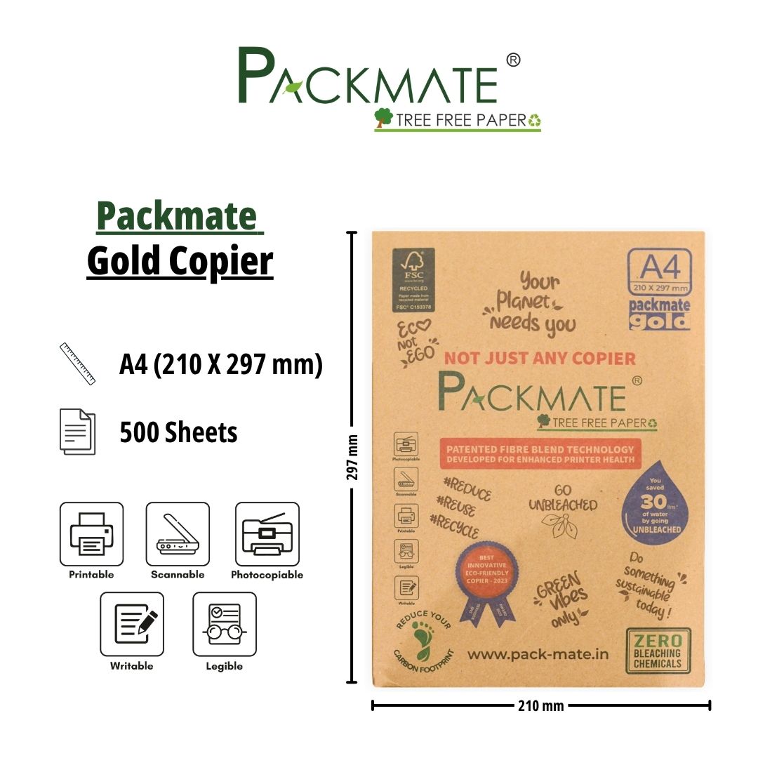 Packmate Gold A4 Paper Ream - 500 Sheets  (Not Bright White) | Eco-Friendly 100% Recycled Copier Paper | Smooth, Durable, and Affordable for Sustainable Printing