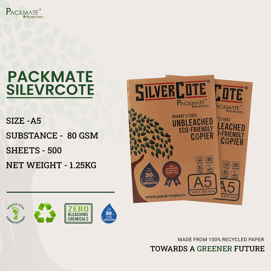Packmate Silvercote A5 Copier, 1 Ream, 500 Sheets (Pack of 2)  Made From 100% Recycled Paper