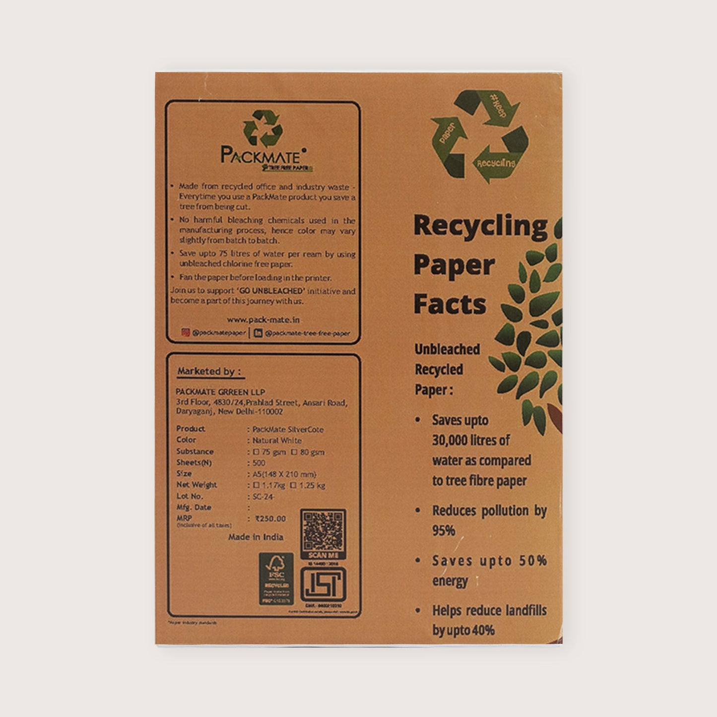 Packmate Silvercote A5 Copier, 1 Ream, 500 Sheets (Pack of 2)  Made From 100% Recycled Paper