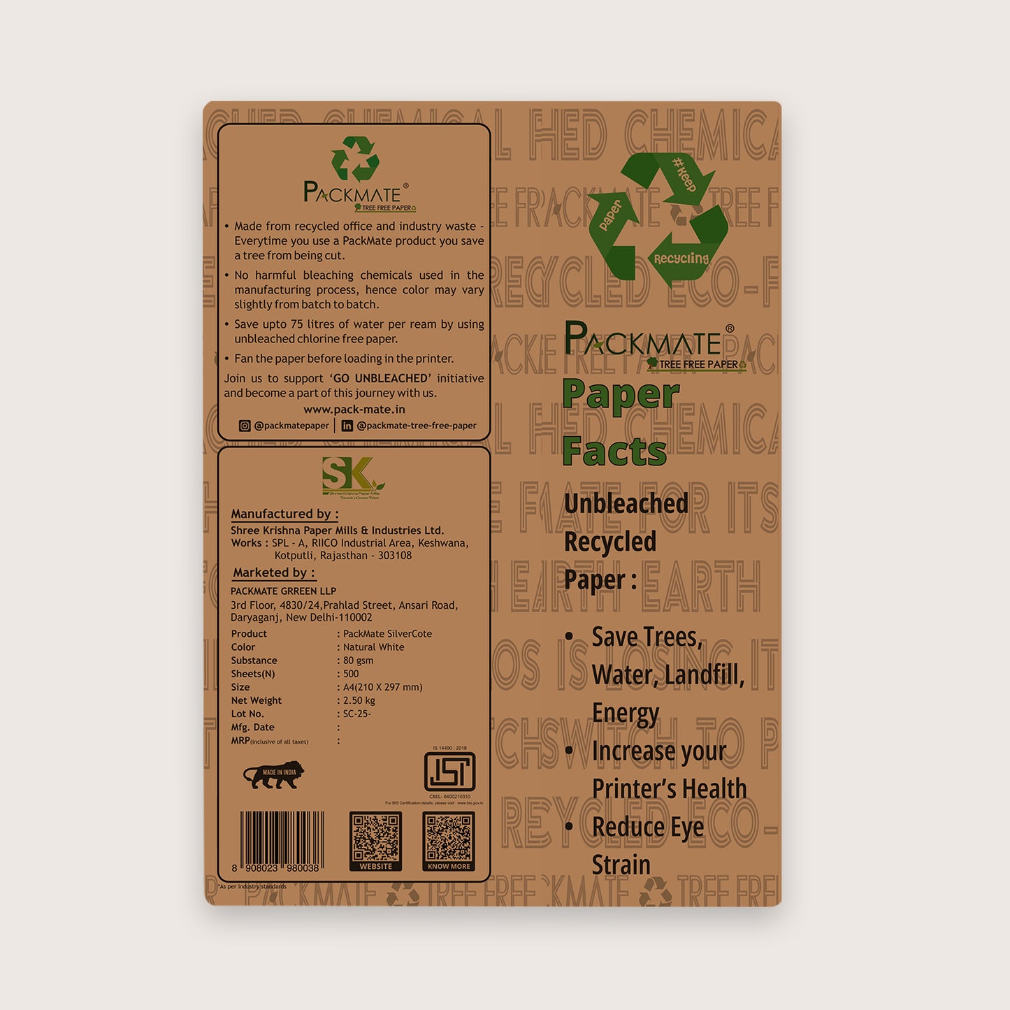 Packmate Silvercote A4 Printer Paper (500 Sheets) (Not Bright White) | High-quality paper made from 100% recycled materials | Ideal A4 paper ream for eco-friendly printing!