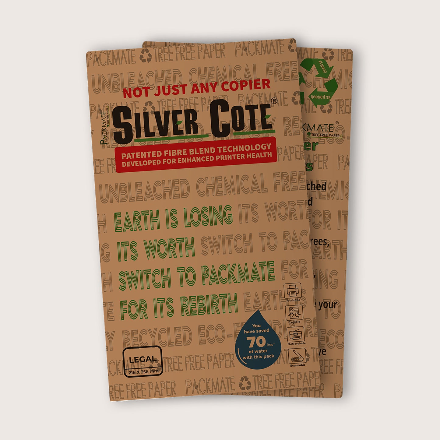 Packmate Silvercote Copier - Legal,1 Ream, 500 Sheet (Not Bright White) |  Made From 100% Recycled Paper