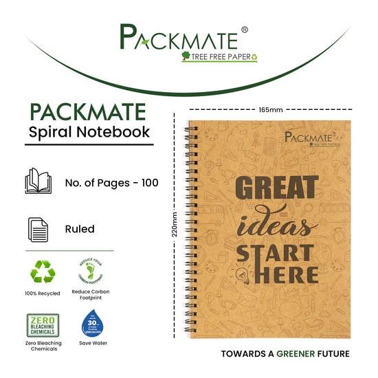 Packmate Spiral Notebook - (Pack of 5)  Made From 100% Recycled Paper