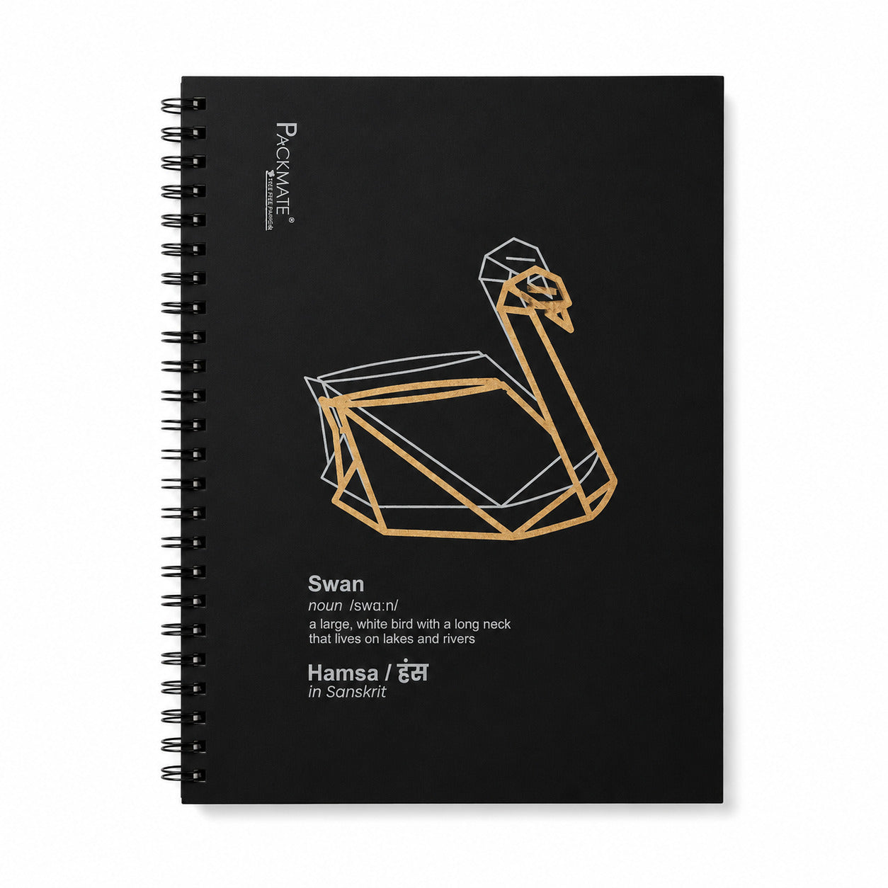Packmate Black Spiral Notebook (Swan Design) - Ruled Made of 100% Recycled Paper