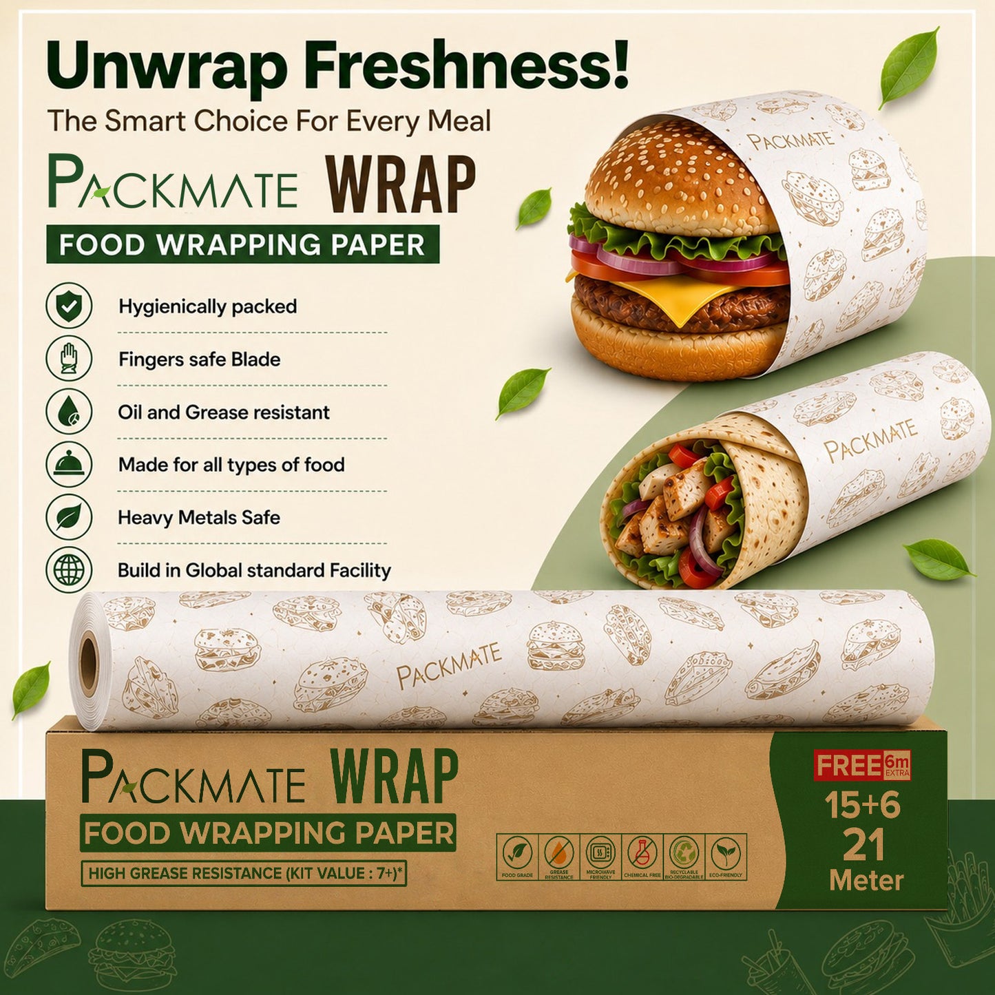 Packmate Wrap - Greaseproof Food Wraping Paper, 21 (15+6) Meter Roll