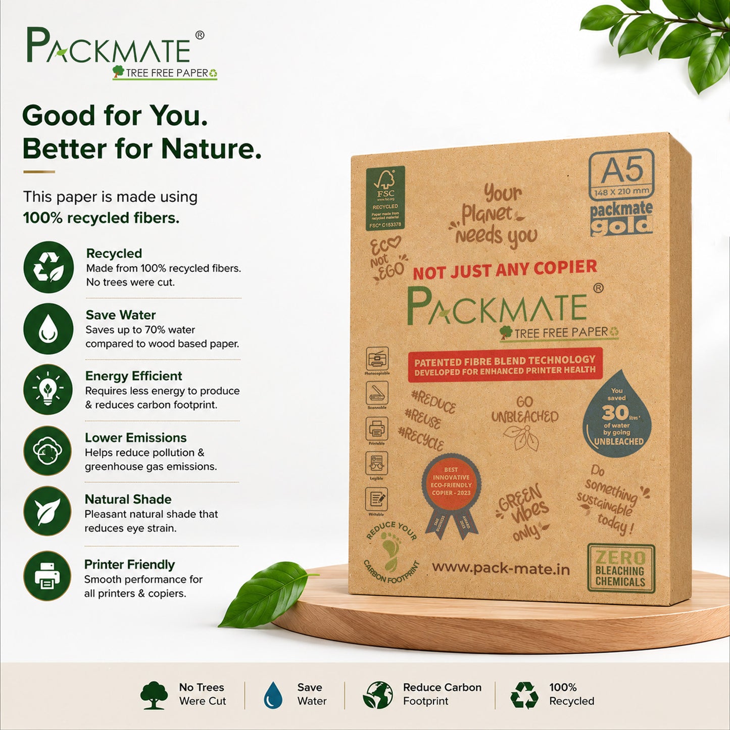 Packmate Gold Copier - A5, 1 Ream, 500 Sheet (Not Bright White)  Made of 100% Recycled Paper