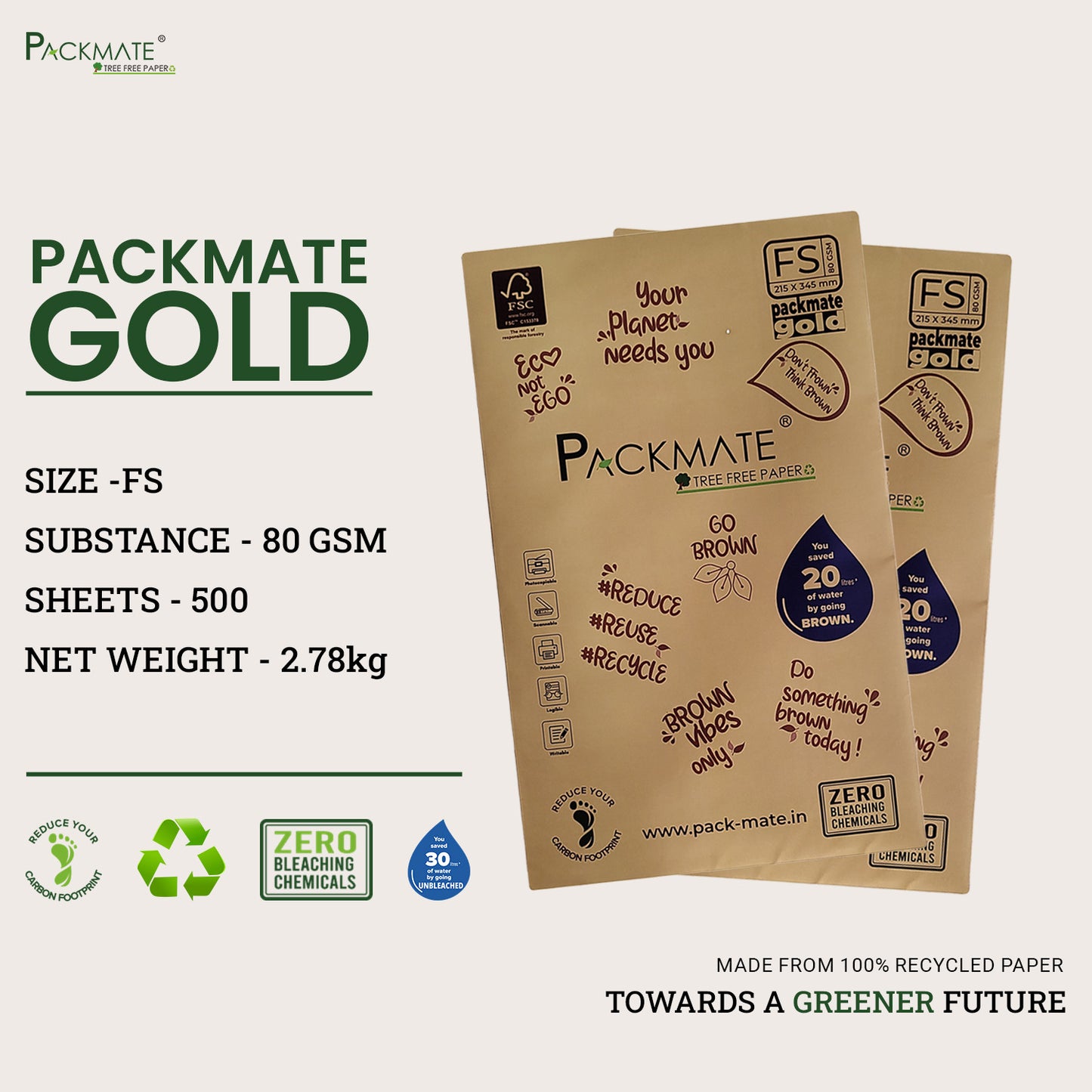 Packmate Gold Copier - FS, 1 Ream, 500 Sheet |  Made From 100% Recycled Paper