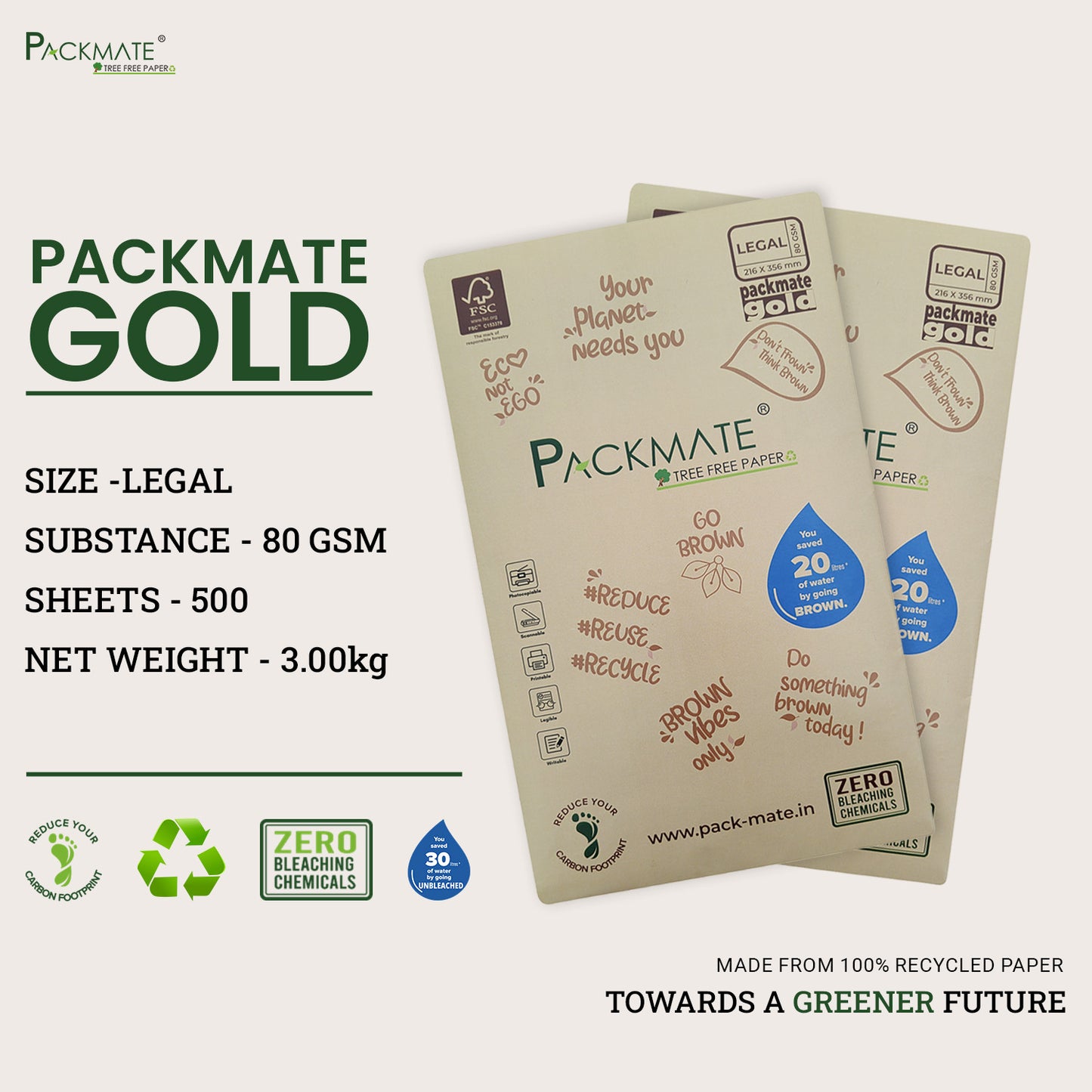 Packmate Gold Copier - Legal,1 Ream, 500 Sheet |  Made From 100% Recycled Paper