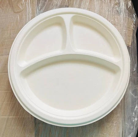 Packmate 9 Inch 3 Compartment Bagasse (3CP) Round Plate (Pack of 25)