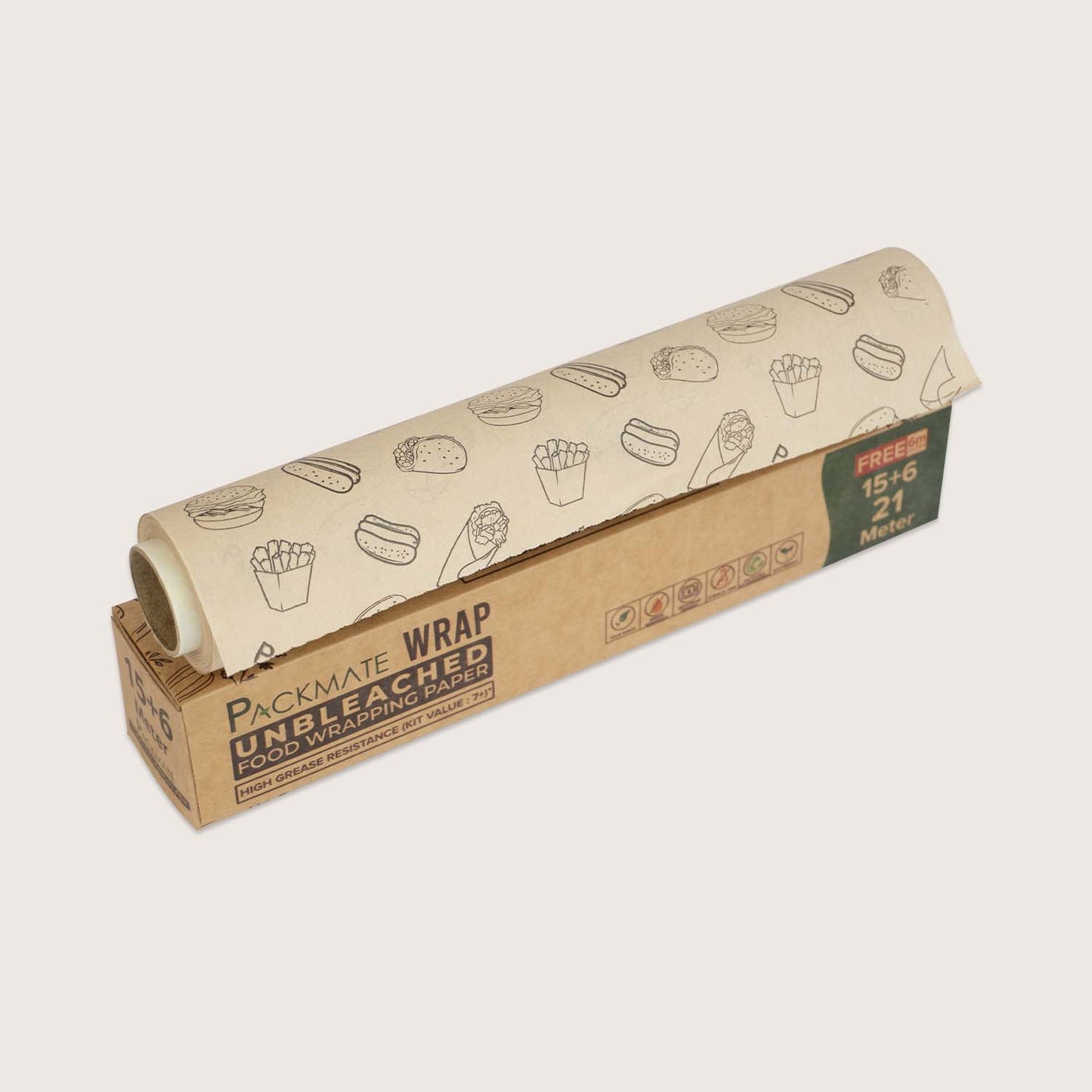 Packmate Wrap - Greaseproof Food Wraping Paper Combo (1 Brown + 1 White), 21 (15+6) Meter Roll